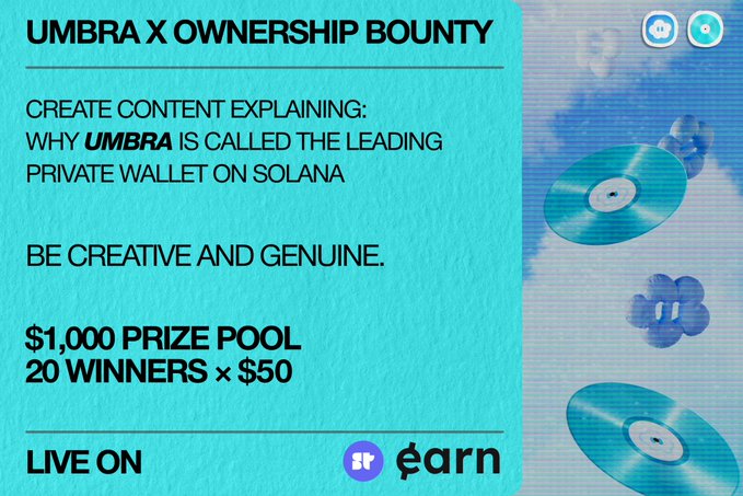 The image is a promotional graphic for the "Umbra X Ownership Bounty" with a $1,000 prize pool (20 winners × $50), encouraging participants to create content explaining why Umbra is the leading private wallet on Solana, live on Superteam Earn, with a teal background featuring stylized records and logos. It visually supports the post's call to action by highlighting the contest name, prize details, and the key theme of explaining Umbra's position as Solana's leading private wallet.