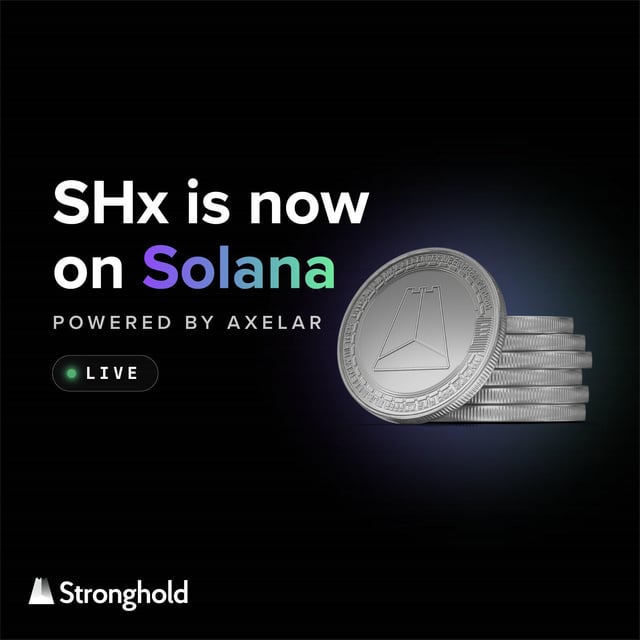 The image features a silver coin, possibly a Bitcoin or Ethereum token, placed on top of a stack of coins against a black background. The text "SHx is now on Solana" is displayed above the coin, indicating that the coin has been added to the blockchain and is now available for purchase or trading. The post also mentions that the coin is powered by Axelar, which suggests that it may be associated with a specific cryptocurrency exchange or platform.