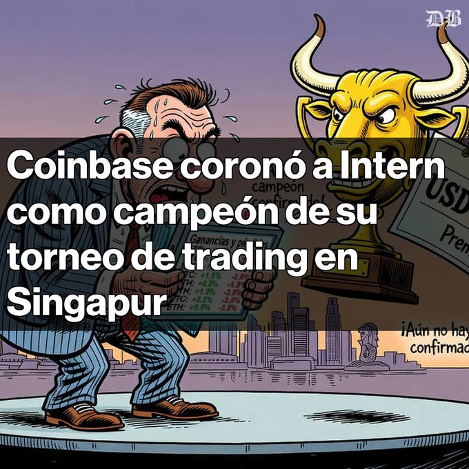 A cartoon illustration shows a nervous man holding a trading device next to a golden bull head trophy, overlaid with Spanish text reading 'Coinbase coronó a Intern como campeón de su torneo de trading en Singapur'.