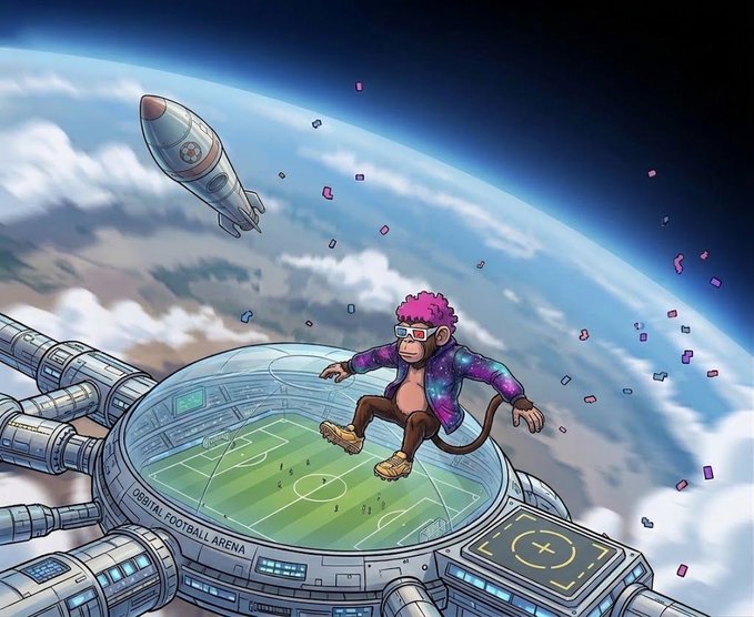 A cartoon monkey wearing galaxy-patterned clothing and sunglasses does a dance above the transparent roof of an "ORBITAL FOOTBALL ARENA," with Earth and a launching rocket visible in the space backdrop, promoting the Kickhood game at kickhood.fun. The playful, NFT-ready vibe ties in with the post's invitation to join the Kickhood game and collect points through NFT purchases.