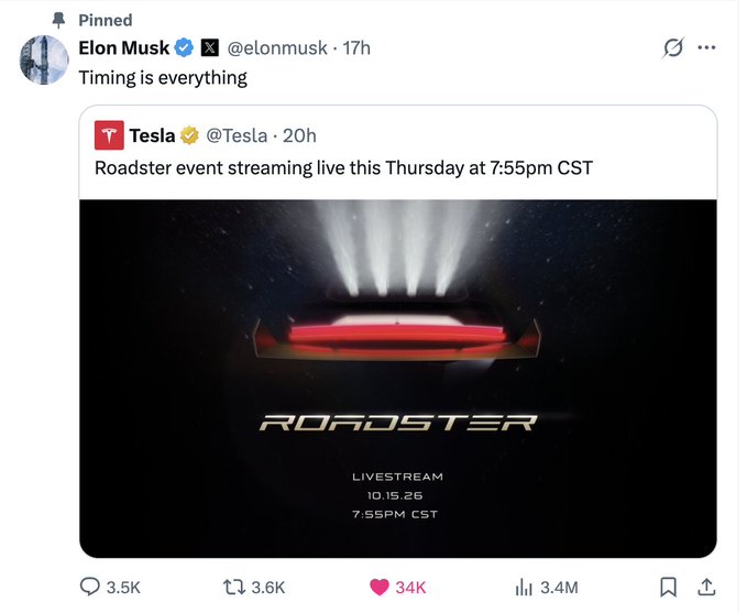 Twitter/X post by Elon Musk ('@elonmusk') commenting 'Timing is everything' on a pinned Tesla announcement about a Roadster event livestreaming Thursday at 7:55pm CST on 10.15.26, showing 34K likes and 3.4M views.