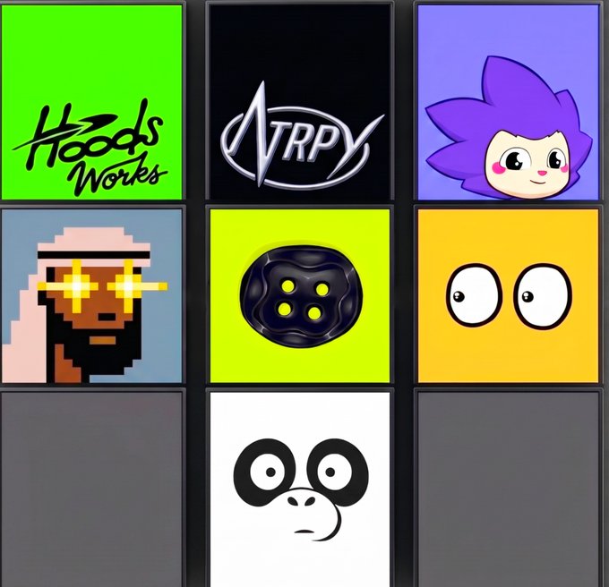 A 3x3 grid of logo/icon designs, including 'Hoods Works', 'NTRPY', a purple-haired cartoon character, a pixelated figure with glowing glasses, a button icon, and two googly-eye character designs.