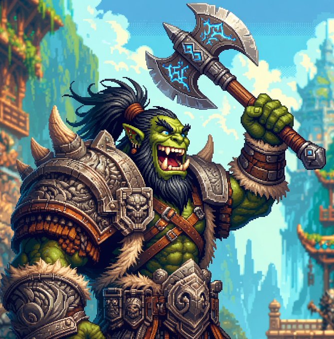 A digital fantasy illustration of a fierce green-skinned orc warrior in detailed armor, brandishing a large double-bladed axe with blue runes against a sky and castle backdrop.