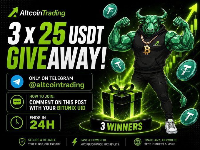 AltcoinTrading is hosting a giveaway for 3 winners of 25 USDT each, ending in 24 hours. The image features a muscular bull and the text "3 x 25 USDT GIVEAWAY!", reinforcing the giveaway details and the brand.