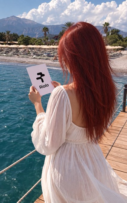 A woman with long red hair in a white dress stands on a wooden pier by the sea, holding a card with the 'Rialo' logo.