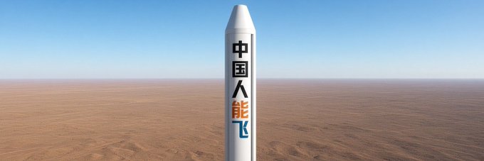 A digitally rendered image of a white rocket standing on a barren desert landscape, with Chinese characters '中国人能飞' (meaning 'Chinese people can fly') printed vertically on its side.