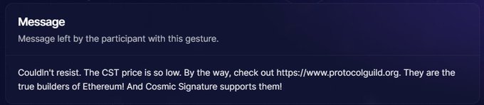 A screenshot of an error screen from an online auction with a text box that reads "couldn't resist! The CST price is so low. By the way, check out this gif here [link to website]".