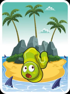 A cartoon illustration of a green, googly-eyed character stranded on a tropical island with palm trees and sharks circling.