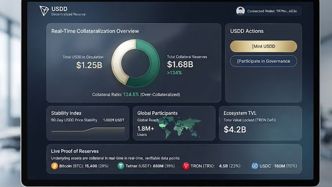 Dashboard for USDD Decentralized Reserve showing $1.25B circulation, $1.68B total collateral reserves at 134.5% collateral ratio, with a 'Mint USDD' action button and live proof of reserves including BTC ($15,400 at 23%), USDT ($650M at 39%), TRX (4.5B at 23%), and USDC (160M at 10%).