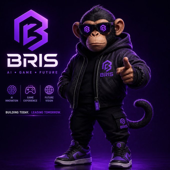 The image features a cartoon monkey wearing sunglasses, a black jacket, and purple shoes, standing against a purple background with the BRIS logo displayed above him. The text "BRIS" is written in white letters below the monkey's head. The image also includes a caption that reads "The BRIS movement is growing. From AI innovation to immersive gaming experiences, we're building a future-driven ecosystem powered by a strong community".