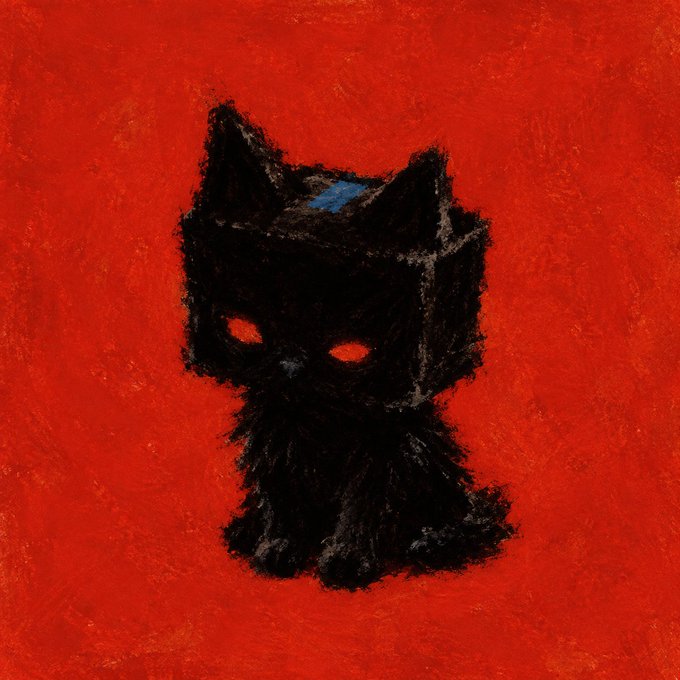 A black, box-shaped cat figure with glowing red eyes and a small blue accent sits against a vivid red textured background, matching the described "Boxy" pfp that the poster praises as stylish and worth shipping, tying directly to the $boxy ticker mentioned in the post.