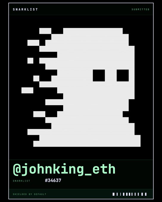 A pixel art style graphic labeled 'SNARKLIST' showing a black and white character portrait with the handle '@johnking_eth' and number #34637.