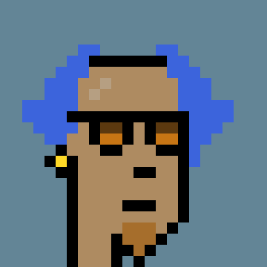 A pixel art character with blue spiky hair, sunglasses, and an earring is shown against a blue background. The image relates to the post as a playful example of a "blue hair" trait, which the author notes is rarer than "aliens" on the CryptoFunks NFT platform.