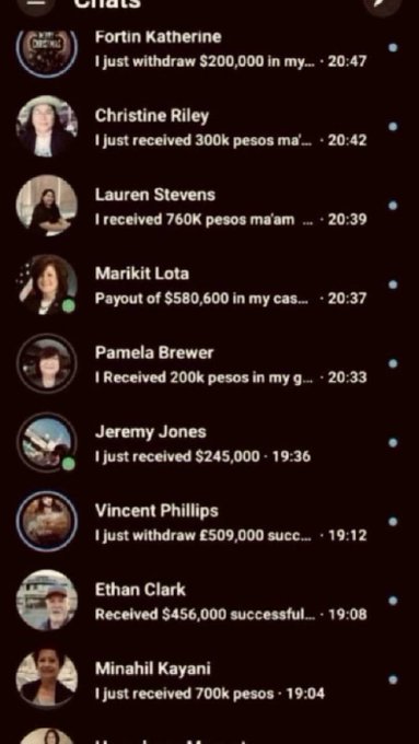 A screenshot of a chat interface showing multiple users sharing messages about large withdrawals and payouts, including "Fortin Katherine... I just withdraw $200,000," suggesting a scam or fraudulent payout scheme.