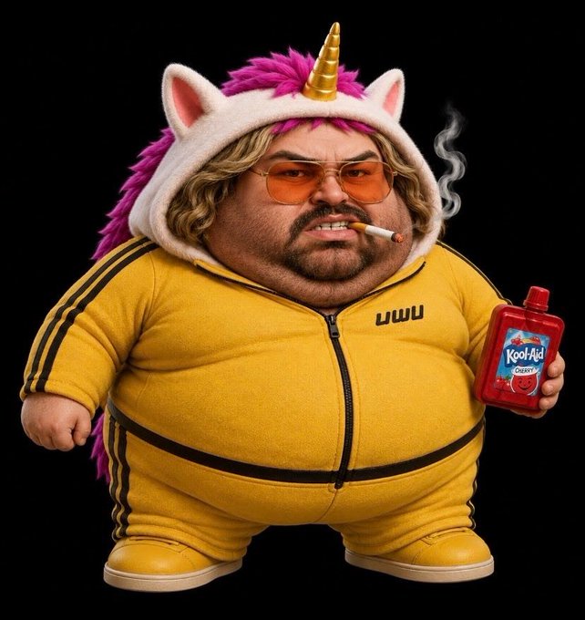 A cartoonish figure wears a unicorn onesie with pink hair, orange sunglasses, and a yellow tracksuit, smoking a cigarette while holding a bottle of Kool-Aid Cherry.