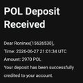 A POL Deposit Received notification showing 2970 POL credited to account Roniix#15626530 on 2026-06-27 at 21:01:34 UTC.