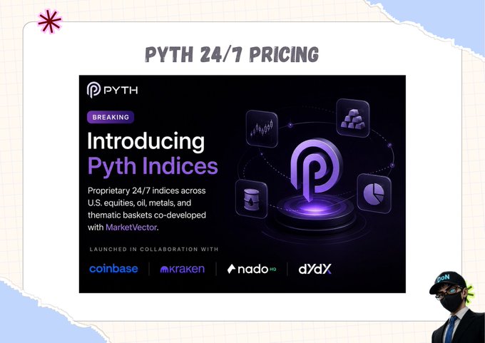 The image features a poster for a new business called "Pyth Indices" that was launched by Pyth Network. The poster displays various symbols related to cryptocurrency and pricing infrastructure. It also includes text that reads, "I just got to know that markets stopped closing a long time ago. Right now the pricing infrastructure is only now catching up so, @PythNetwork officially launched Pyth 24/7 Pricing". A person wearing a tie can be seen in the image, possibly attending an event related to the new business or promoting it.