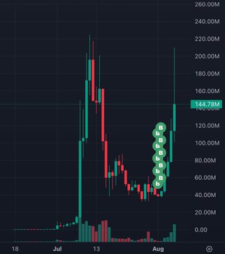 A candlestick chart shows $CASHCAT's parabolic rally peaking near $220M in mid-July before crashing back down, with green callout dots marking a recovery to $144.78M on August 5th—visually illustrating the volatile "Robinhood listing circus" and meme coin blow-off top pattern referenced in the post.