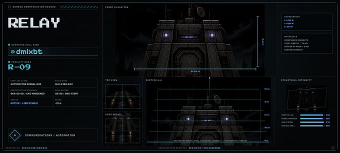 A dark sci-fi digital interface displaying architectural blueprints and data readouts for a structure called 'RELAY,' with text such as 'FRONT ELEVATION,' 'OPERATOR CALLSIGN @dmlxbbt,' and 'FACILITY CODE R-09.'