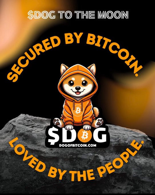 A Shiba Inu wearing an orange Bitcoin-themed hoodie sits on a gray rock against a dark background, with the text "DOG TO THE MOON," "SECURED BY BITCOIN," "$DOG DOGOFBITCOIN.COM," and "LOVED BY THE PEOPLE" framing the image. The graphic reinforces the post's message that $DOG is a community-driven, Bitcoin-secured meme token fully distributed to its holders.