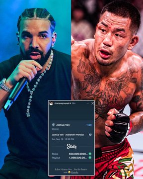 The image shows a split photo of Drake on the left and UFC fighter Joshua Van on the right, alongside a screenshot of a Stake.com betting slip showing a $1 million USDT winning bet on Joshua Van at odds of 1.83 from "shutupdrake" at 12:26 PM on September 6, 2025. This visually confirms the post's claim that Drake successfully wagered $1 million on Joshua Van's UFC 331 victory, resulting in an $830,000 profit on Stake.