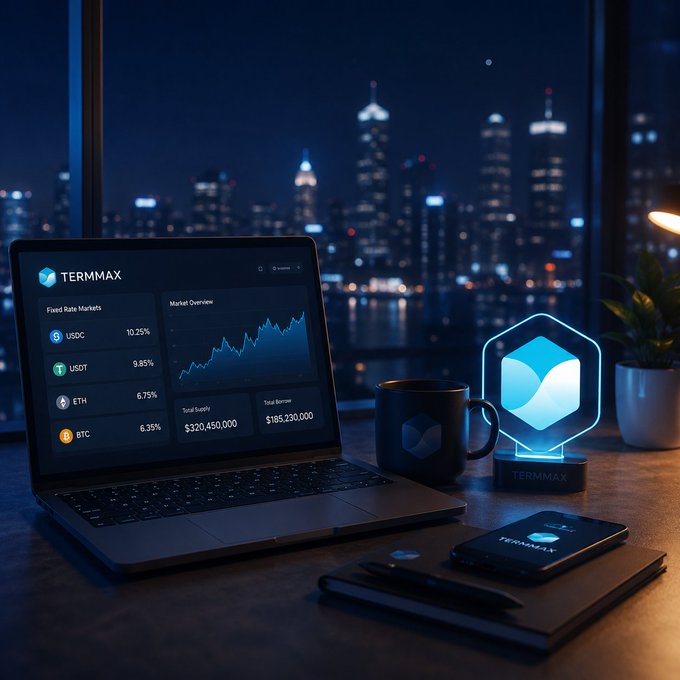 A laptop displaying the Termmax platform with 'Fixed Rate Markets' for USDC (10.25%), USDT (9.85%), ETH (8.75%), and BTC (8.35%), next to a glowing Termmax logo and a nighttime city skyline.