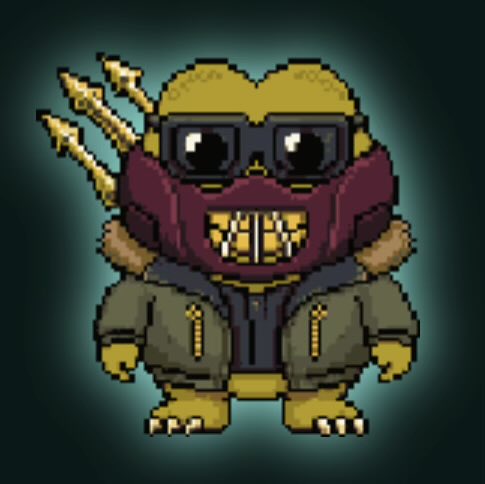 The image features a cartoon character, likely a frog or a monster, wearing glasses and a mask with gold accents. The character has a green jacket and brown boots, giving them a unique appearance. They are standing against a dark background, which contrasts with their colorful attire. The caption at the bottom of the image reads "Just hatched my @froglings gameplay character in Wolfage by @wolfswapdotapp !!! Excited to rep The Swamp in-game and excited for the Space! Happy to offer tips and tricks too!".