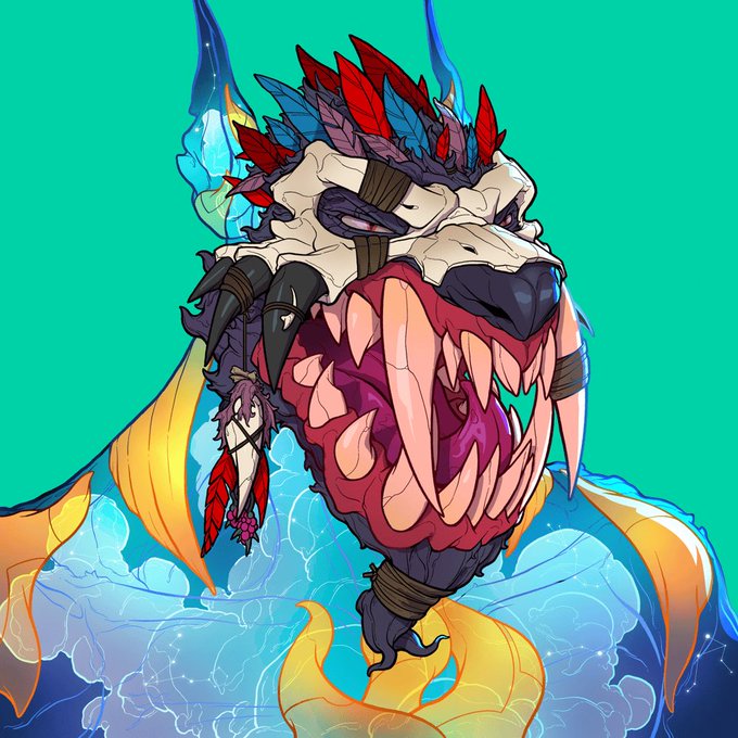 A colorful, stylized digital illustration depicts a monstrous beast head with large teeth and horns against a teal background.