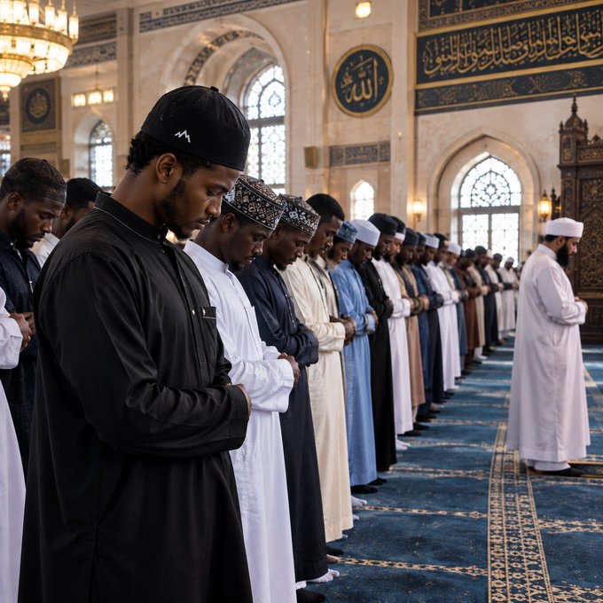 A line of men wearing traditional Islamic clothing and prayer caps stand in prayer inside a large, brightly lit mosque featuring arched windows and Arabic calligraphy.