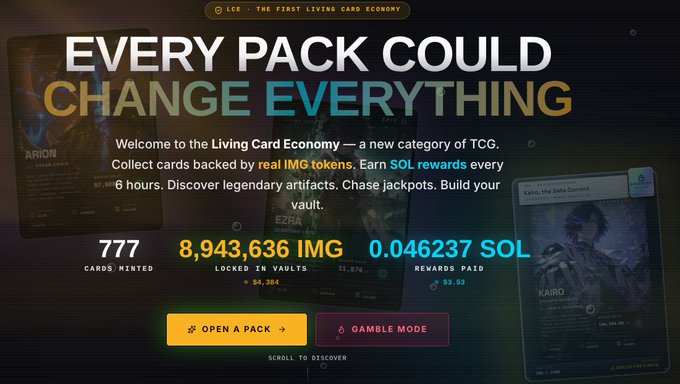 A promotional webpage for 'LCE - THE FIRST LIVING CARD ECONOMY' featuring NFT trading cards like 'Arion' and 'Kaird', with stats showing 777 cards minted, 8,943,636 IMG locked, and 0.046237 SOL in rewards paid.