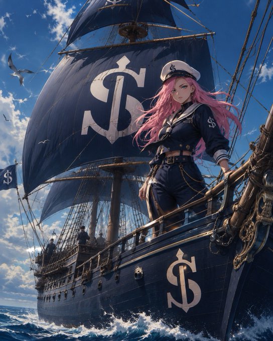 An anime-style illustration featuring a pink-haired female pirate in a sailor outfit standing on the deck of a ship with large black sails marked with dollar sign symbols ($), set against a blue sky with seagulls.