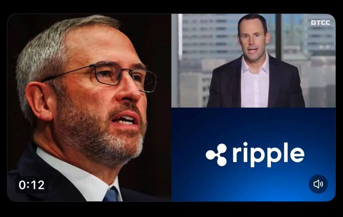 A split-screen video thumbnail at the 0:12 mark shows a bearded man in glasses speaking on the left, alongside a man in a suit and the Ripple logo on the right with the "DTCC" watermark, illustrating the announcement of DTCC's partnership with Ripple to launch a Tokenization Service.