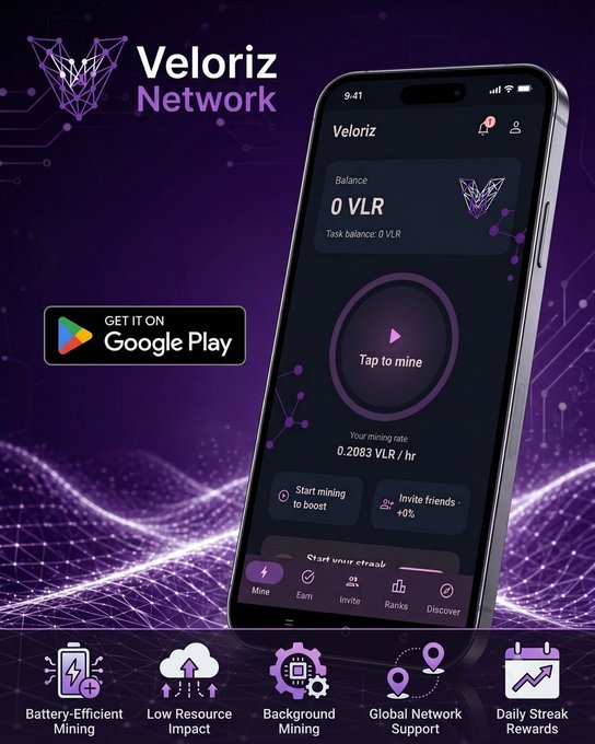 A promotional graphic for the "Veloriz Network" displays a mobile phone interface showing a balance of "0 VLR" and a mining rate of "0.2083 VLR/hr," with icons highlighting "Battery-Efficient Mining" and "Low Resource Impact" at the bottom.