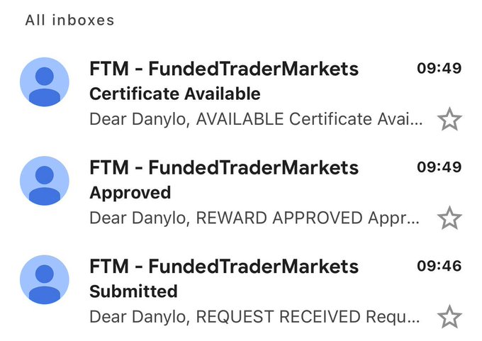 An email inbox showing three messages from FTM - FundedTraderMarkets addressed to Danylo: 'Certificate Available', 'Approved', and 'Submitted' with timestamps 09:49, 09:49, and 09:46.