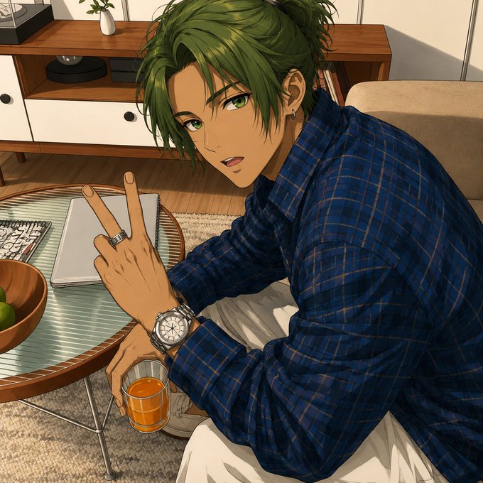 A green-haired anime man sits on the floor holding a glass of juice, flashing a peace sign beside a coffee table with an empty notebook, paired with a motivational message celebrating resilient crypto builders who persist beyond their doubters.