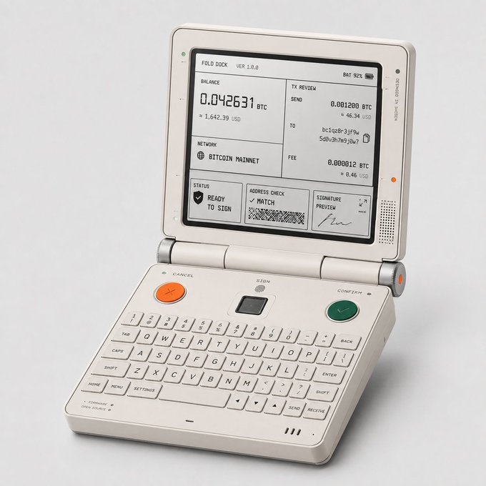A Teenage Engineering–styled clamshell hardware wallet for Bitcoin, featuring a transflective LCD displaying a balance of 0.0742631 BTC ($1,642.39 USD) and a pending transaction to address "bc1qa8r3jf9w..." on the Bitcoin Mainnet, complete with signature preview and status indicators. The retro-industrial design pairs a full QWERTY keyboard, orange CANCEL and green CONFIRM keys, and a small fingerprint sensor, evoking a pocketable gadgety feel reminiscent of a Nintendo DS.