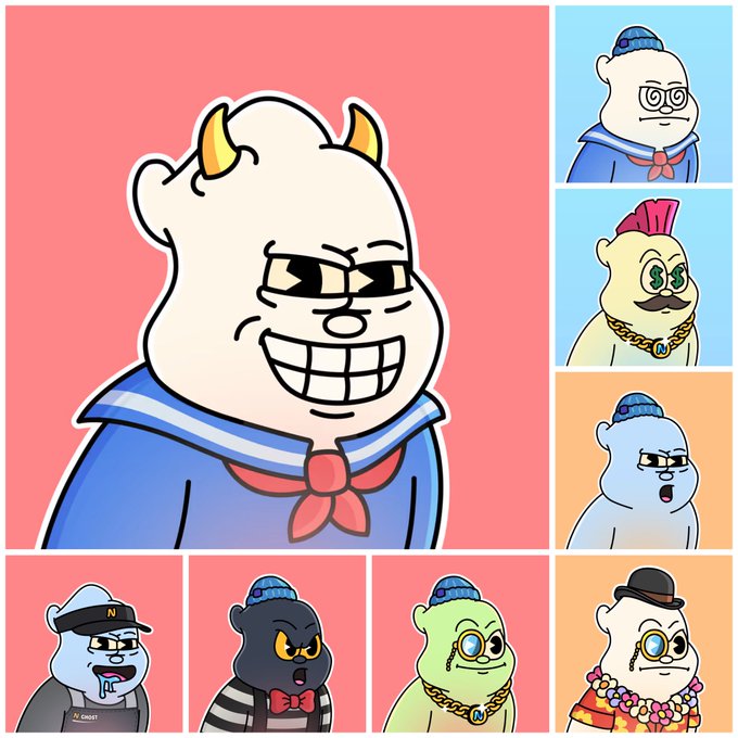 A collection of cartoon-style polar bear NFT characters in various outfits and poses, with one large bear wearing a sailor outfit and red bowtie featured prominently in the center.
