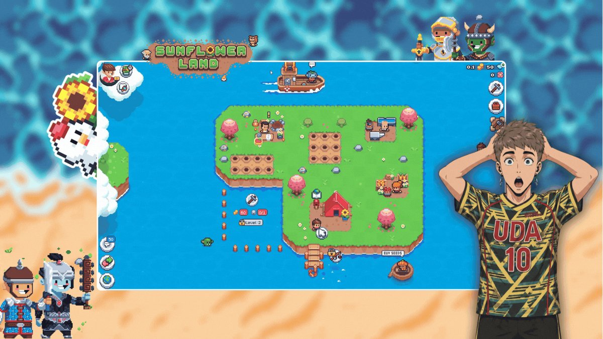 The image features a cartoon boy standing next to a computer screen displaying a map of a beach town called Sunflower Land. The boy appears surprised or excited about something happening in the game. The background shows an ocean, adding to the beach atmosphere. There is also a small boat visible on the water.