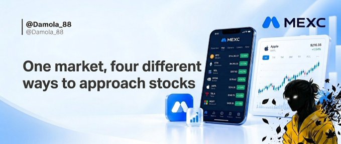 An advertisement for MEXC cryptocurrency exchange featuring text '@Damola_88' and 'One market, four different ways to approach stocks' alongside phone and tablet mockups showing stock charts.