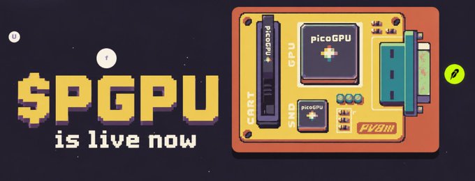 A promotional image for the "$PGPU" cryptocurrency, featuring pixel-art text reading "$PGPU is live now" alongside a stylized graphic of a circuit board labeled "picoGPU" with components marked "GPU," "CART," "SMD," and "PV/OR." The retro gaming-inspired branding aligns with the post's announcement of the PGPU token launch on the Robinhood chain.