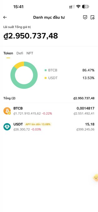 A mobile screenshot of a Vietnamese investment portfolio app ('Danh mục đầu tư') showing a total value of 'đ2.950.737,48', with holdings in BTCB (86.47%) and USDT (13.53%).