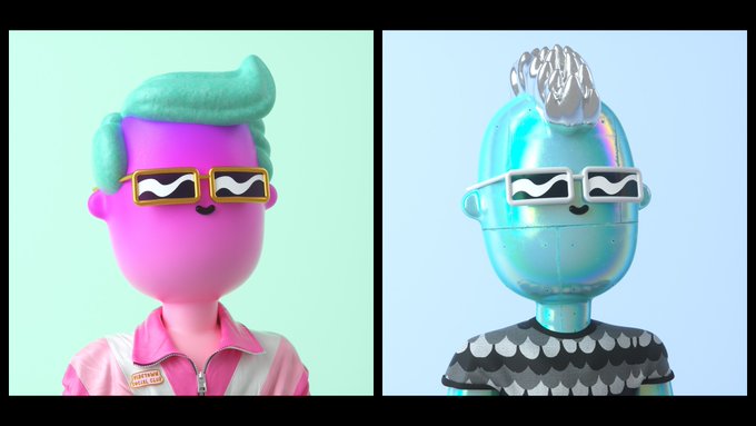 Two 3D-rendered cartoon avatars side by side: one pink with green hair wearing a pink shirt, and one metallic blue with silver hair wearing a black scale-patterned top, both sporting 'deal with it' sunglasses.