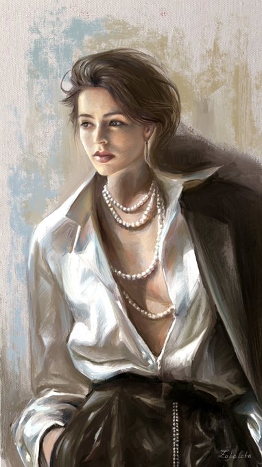 A digital painting of an elegant woman with dark hair wearing a white shirt and multiple pearl necklaces, signed 'Tobyloke' in the bottom corner.