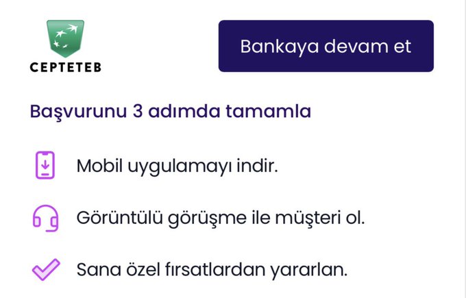 The image is an advertisement for Cepteb featuring its green shield logo and a purple "Bankaya devam et" (Continue to Bank) button, outlining a three-step application process in Turkish: downloading the mobile app, becoming a customer via video call, and benefiting from personalized offers, which directly mirrors the post's description of quick loan opportunities available across various needs like school expenses and public offerings.