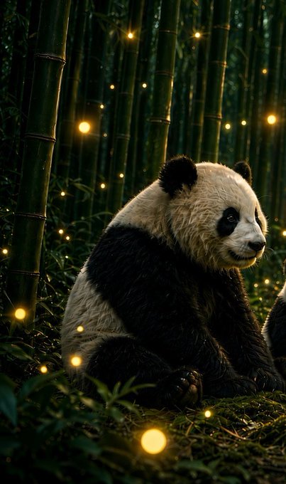 A digitally rendered or AI-generated scene of a giant panda sitting in a bamboo forest, surrounded by glowing firefly-like lights and dark green bamboo stalks.
