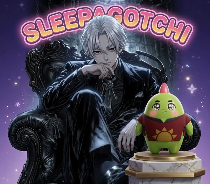 Anime-style illustration featuring a silver-haired man in black sitting on an ornate throne holding keys, with the text "SLEEPAGOTCHI" in neon pink and yellow lettering at the top and a small green mascot character in red clothing on a pedestal beside him.