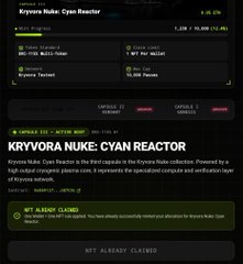 A dark-themed webpage interface displays information for 'KRYVORA NUKE: CYAN REACTOR' with a mint price and an update log entry dated 2024-08-13.