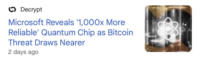 The image shows a screenshot of a Facebook post about Bitcoin, which has been reposted from another user. The post contains an image of a white crystal structure with a black outline, accompanied by text that reads "Microsoft reveals 1,000x more reliable Quantum Chip as BitCoin threat draws nearer". This message is related to the current discussion on the post regarding Bitcoin and its security implications in the context of quantum computing.