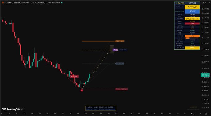 The image is a TradingView chart of the MAGMA/TetherUS Perpetual Contract (4H) on Binance, showing a price bounce off a "Sweeping" zone around $0.16 with projected targets at "0.236 (XAB)" near $0.2190 and a "0.5" midpoint, while the on-screen analysis suggests a possible move toward $0.23 with a 73% confidence level. It visually supports the $MAGMA post by illustrating a bullish swing setup after a liquidity sweep at the lows.