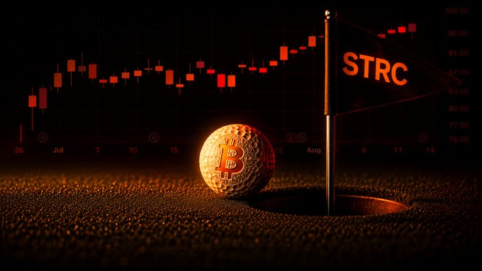 A gold Bitcoin golf ball sitting next to a flag labeled 'STRC' on a golf course green, set against a red candlestick stock chart.